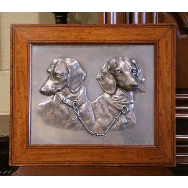 Early 20th Century French Pewter Relief of Two Hunting Dachshunds in Wood Frame For Sale - Image 4 of 6