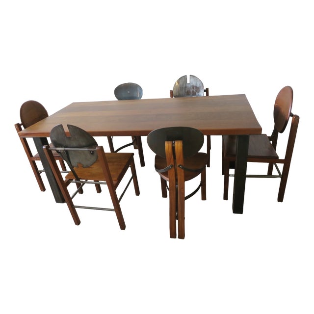 Mid-Century Brutalist Teak and Patinated Steel Dining Table & Chairs, Set of 7 For Sale