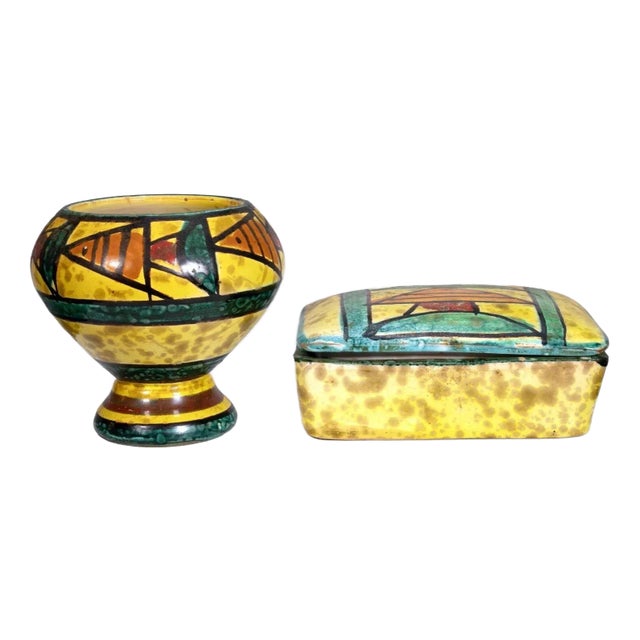 Bitossi Ceramic Trinket Box and Vase with Abstract Fish Pattern Made in Italy - Set of 2 For Sale