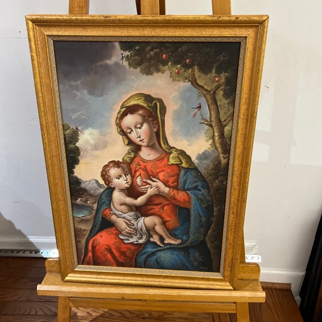 Gold 20th Century Oil on Canvas Cuzco School Signed Framed Madonna With Child For Sale - Image 8 of 11