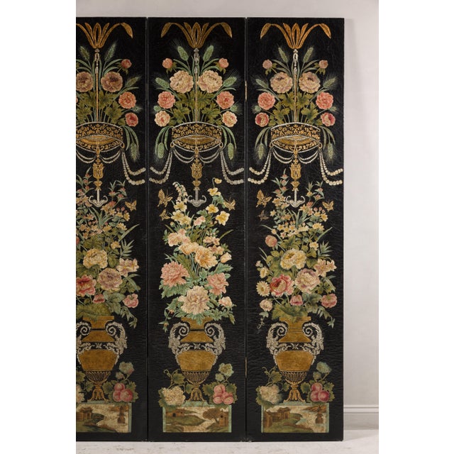 Black Lacquer Chinese Four-Panel Screen with Polychrome Floral Décor For Sale - Image 11 of 12