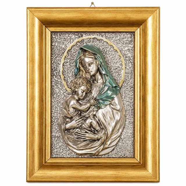 Metal Florentine Artist, Madonna and Child Bas-Relief, 1970s, Silver For Sale - Image 7 of 9