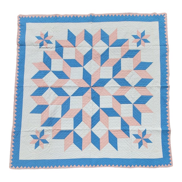 Eight Snow Flake Quilt Blue and Pink Border For Sale
