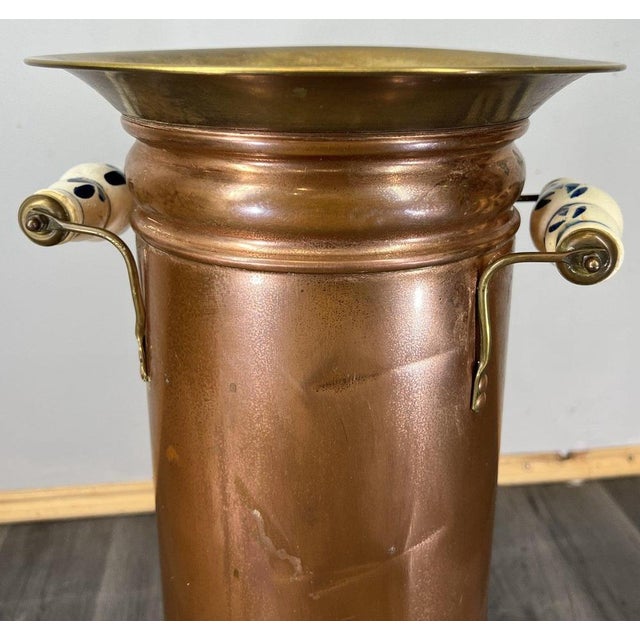 Vintage Brass Copper Umbrella Stand with Porcelain Handles For Sale - Image 4 of 17