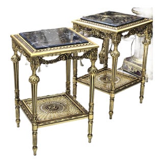 French Style Black Marble Topped Gold Side Tables - Set of 2 For Sale