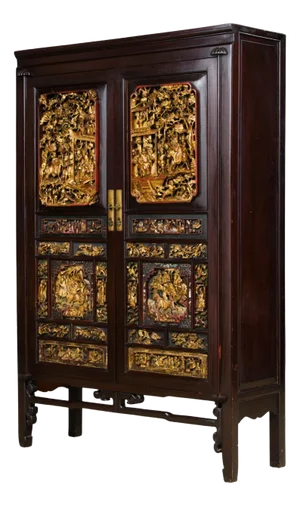 Important Documented Qing Dynasty Chinese Deep Relief Rosewood Cabinet