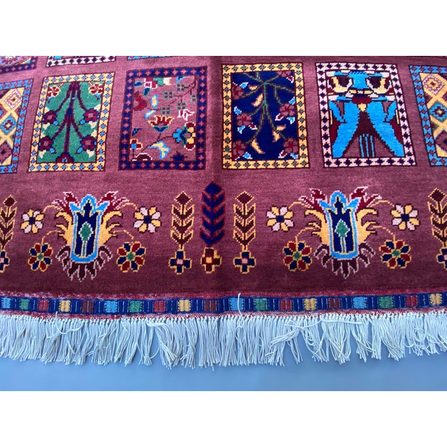 5′0″ × 6′10″ Hand‑Knotted Afghan Wool Rug in Rust, Green & Yellow — Tribal‑Geometric Turkoman‑Derived Design For Sale - Image 6 of 8