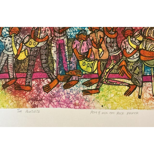 African The Flutists, Artist Soji Niran, Pen and Ink on Rice Paper Painting For Sale - Image 3 of 3