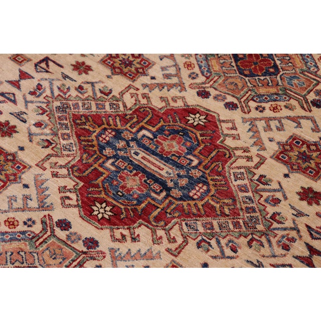 Shabby Chic Tribal Super Kazak Beige/Blue Wool Rug - 5'5'' X 8'1'' For Sale - Image 4 of 10