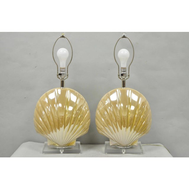 Late 20th Century Mid Century Modern Iridescent Gold Ceramic Pottery Clam Shell Table Lamp - Pair For Sale - Image 15 of 15