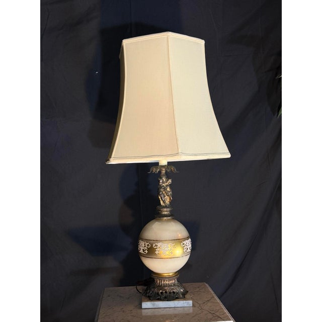 2000s Neoclassical Cherub Table Lamp With Ivory Glass Globe For Sale - Image 4 of 8