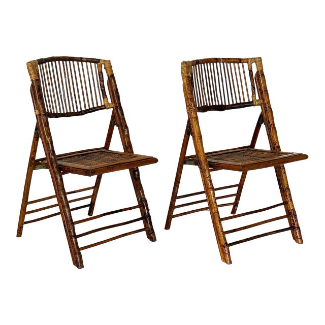 Vintage Bamboo and Rattan Folding Chairs - A Pair For Sale