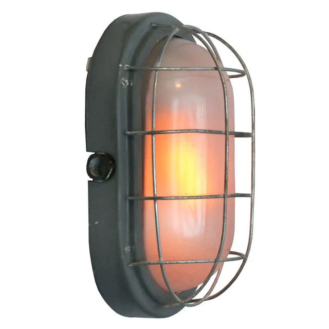 Industrial wall or ceiling lamp aluminium with frosted glass depending on destination, all our lights are rewired and bulb...