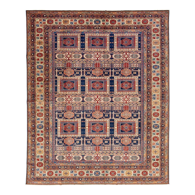Modern Kazak Handmade Wool Rug in Blue and Red With Allover Design For Sale