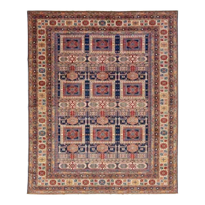 Modern Kazak Handmade Wool Rug in Blue and Red With Allover Design