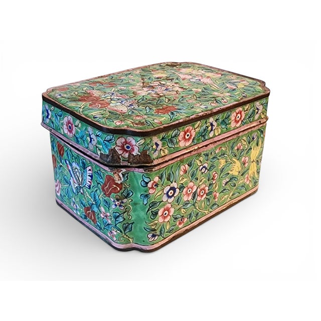18th Century Antique Canton Chinese Green Enameled Cloisonné Lidded Trinket Box, Late 18th Century For Sale - Image 5 of 12