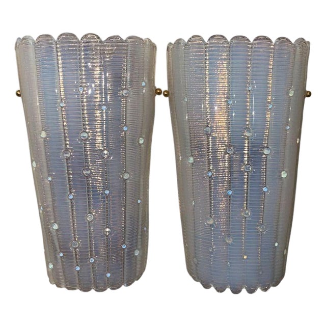 Pair 1980s Italian Opalescent Murano Fazzoletto Glass Wall Sconces For Sale