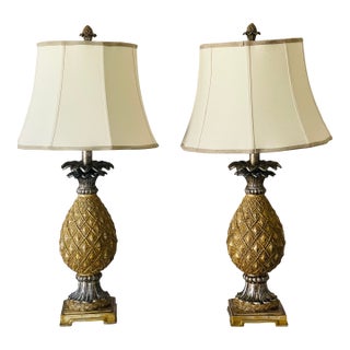 1970s Tropical Coastal Faux Wood Pineapple Table Lamps Custom Shades - A Pair For Sale