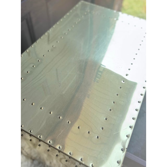 Glass Pair of Vintage Hollywood Regency Brass-Clad Riveted Nightstands With Glass Tops For Sale - Image 7 of 12