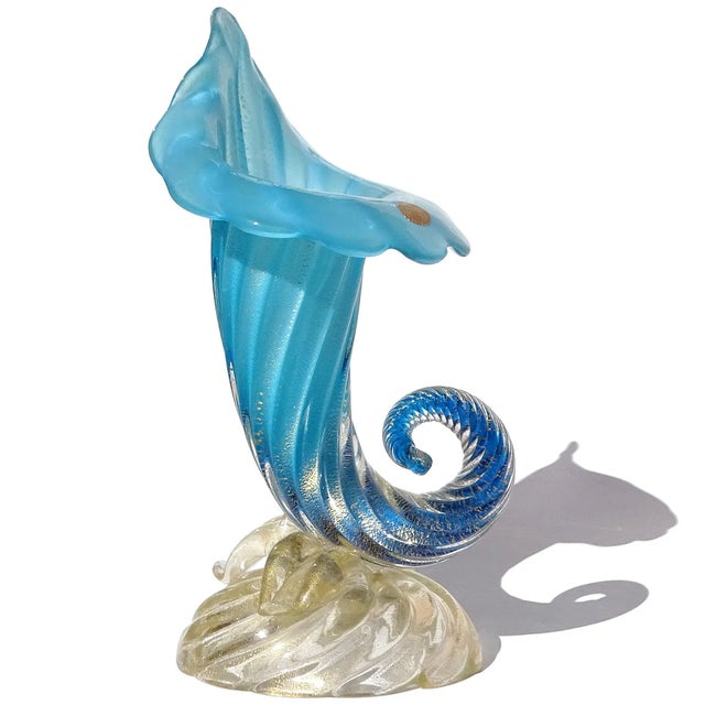 Elegant and large, vintage Murano hand blown opalescent blue and gold flecks Italian art glass cornucopia flower vase....
