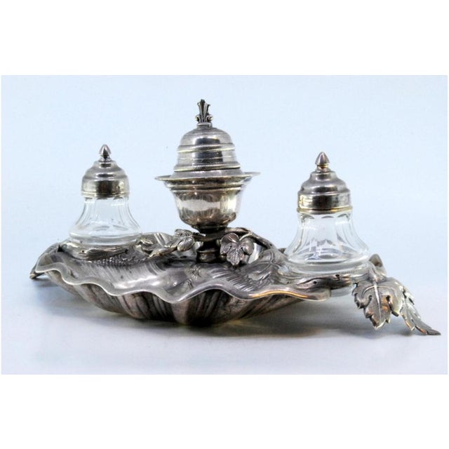Silver Inkwell with Two Cut Glass Reservoirs and Bell For Sale - Image 3 of 9