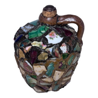 Antique Memory Jug on Salt Glazed Jug With Porcelain Shards | Folk Art Stoneware For Sale