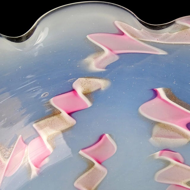 Mid 20th Century Murano Fratelli Toso Opalescent Pink Aventurine Ribbons Vintage Italian Art Glass Footed Bowl For Sale - Image 5 of 9