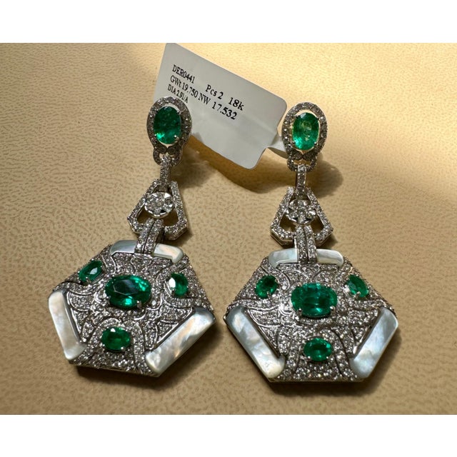 Arts & Crafts 4.3 Carat Emerald & 2.91 Ct Diamond With MOP Hanging Earrings 18 Kt White Gold For Sale - Image 3 of 18