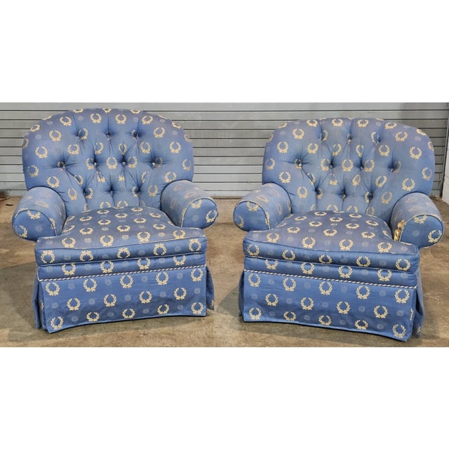 Store Item: Pair of Charles Stewart Club Chairs Prussian Blue Napoleonic Tufted Fabric Description: Pair of High End...