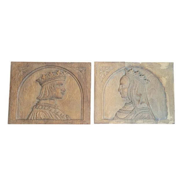 Tan Pair Antiqure Carved Oak Panels of a King & Queen For Sale - Image 8 of 8