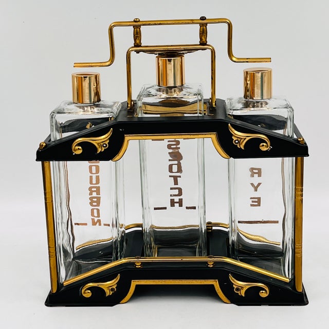 Mid 20th Century Mid-Century Modern Black and Gold Tantalus Decanter Set, Liquor Caddy, Portable Bar For Sale - Image 9 of 18