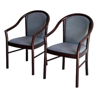 Grey Upholstered Barrel Armchairs Pair With Dark Wood Frames Vintage 1980s For Sale