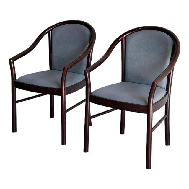 Grey Upholstered Barrel Armchairs Pair With Dark Wood Frames Vintage 1980s For Sale