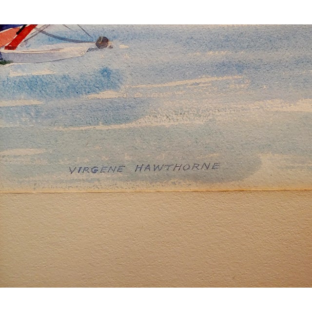 Glass Virgene Hawthorne - Red Sail Boat Resting at Bay - 1950s Painting For Sale - Image 7 of 9