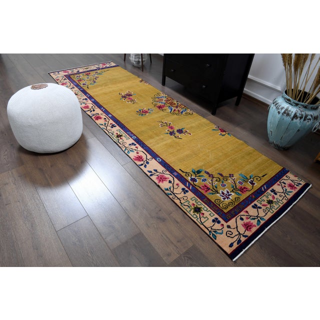 1970s 1970s Vintage Persian Handmade Wool Cotton Yellow Runner Rug For Sale - Image 5 of 11