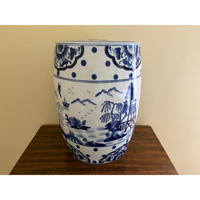 Late 20th Century Blue and White Porcelain Chinoiserie Chinese Garden Stool or Side Table For Sale - Image 11 of 12