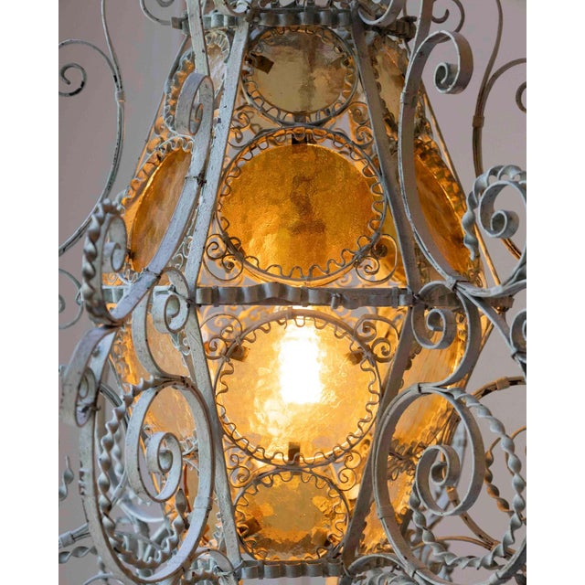 Metal Early 1900s Italian Wrought Iron Lantern Light Green Finish Amber Glasses For Sale - Image 7 of 12