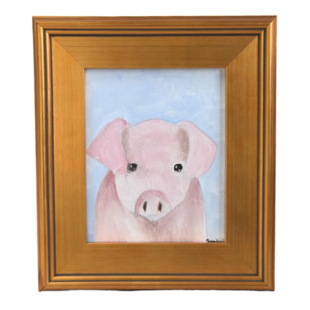 2020s Folk Art Farmhouse Pink Pig Piggy Oil Painting Including the Antiqued Gold Wood Frame For Sale - Image 5 of 5