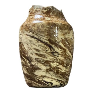 Mid Century Modern Marbleized Studio Ceramic Vase With Organic Edge Rim, Signed For Sale