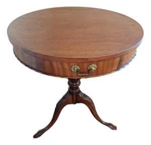Vintage Chippendale-Style Mahogany Drum Table With Drawer & Claw Feet