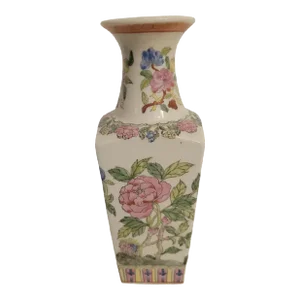 Vintage Chinoiserie Ceramic Floral and Parrot Bud Vase