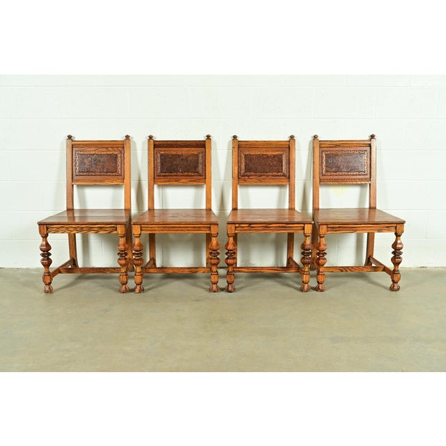 Early Romweber Antique English Jacobean Carved Oak and Burl Wood Dining Chairs, Set of Four For Sale - Image 13 of 13