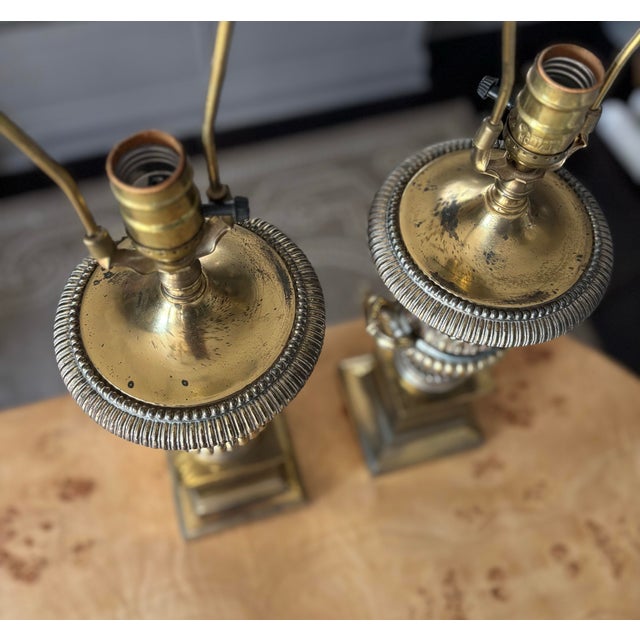 Brass Late 20th Century Classical Heavy Brass Urn and Pedestal Lamps - a Pair For Sale - Image 8 of 9