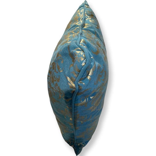 Abstract Vintage Italian Cotton Turquoise and Gold Pillow For Sale - Image 3 of 3