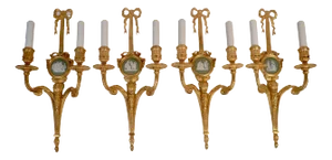 Four E. F. Caldwell Louis XVI Style Gilt Bronze Sconces with Wedgwood Plaques