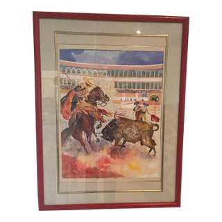 1980s Large Vintage Signed Y. Huelb Spanish Bullfight Original Watercolor – 42” For Sale