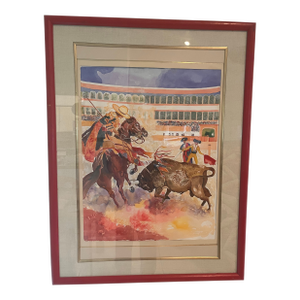 1980s Large Vintage Signed Y. Huelb Spanish Bullfight Original Watercolor – 42”
