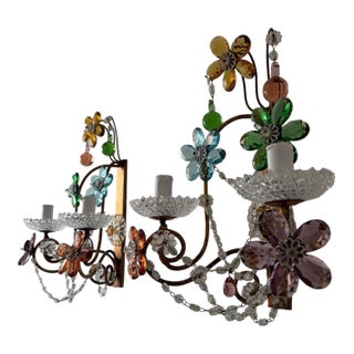 Maison Baguès Style Multicolor Prisms Murano Drops Crystal Flowers Sconces C1930 For Sale