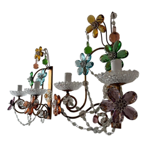 Maison Baguès Style Multicolor Prisms Murano Drops Crystal Flowers Sconces C1930