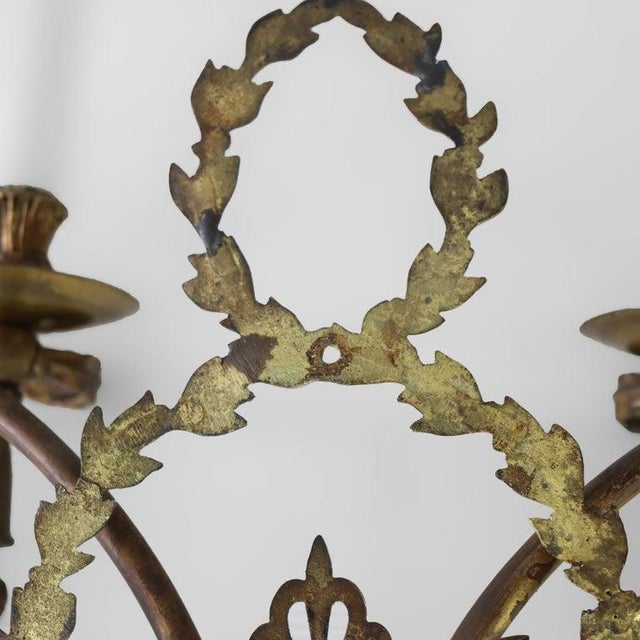 Pair of French Louis XV Laurel Wreath Bronze Double Candle Electric Wall Sconces C1900 For Sale - Image 9 of 12